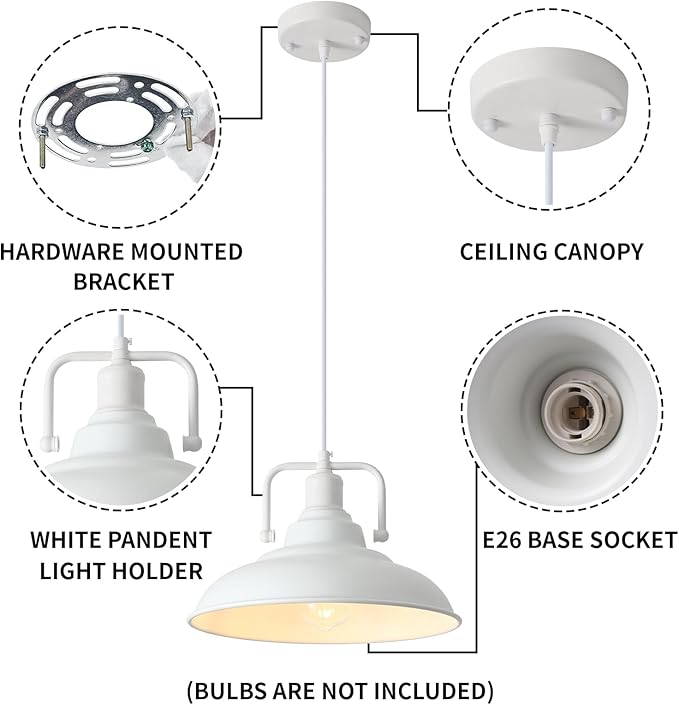 Farmhouse Pendant Light, 12.5inch, 3 Packs- White Kitchen Pendant Lights, Industrial Pendant Light, Pendant Lights Kitchen Island, Pendant Light for Bedroom, Office, Kichen Sink, Library