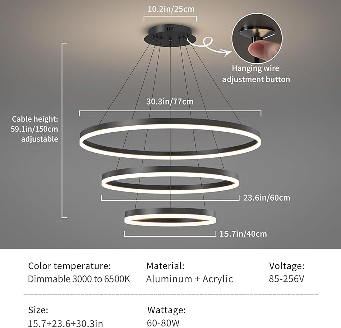 Black LED Modern Chandelier, 3 Ring Circular Dimmable Pendant Light for Kitchen Island, Living Room, Adjustable 3000K-6500K Ceiling Lamp, Above Dining Room Table Hanging Lights for Entryway Foyer