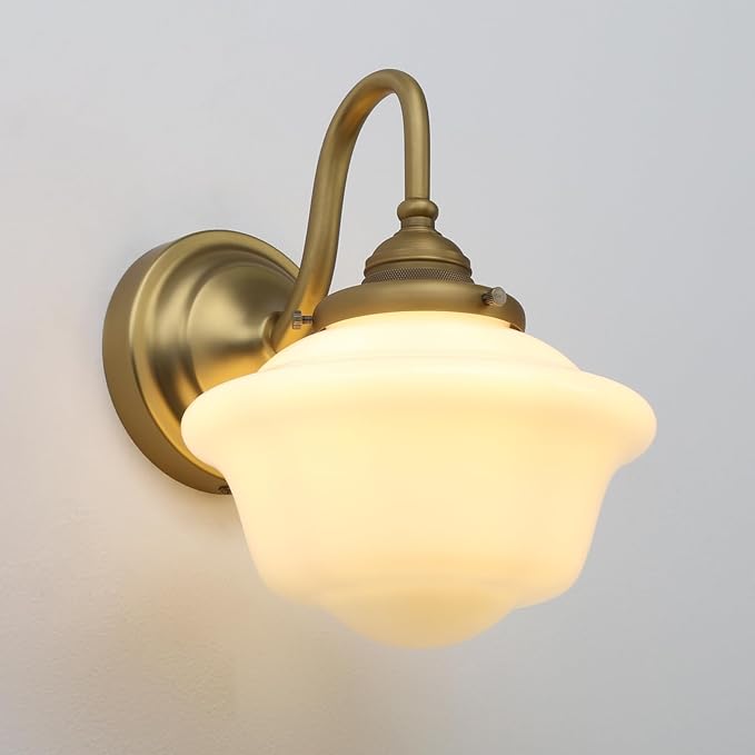 Pathson Vintage Wall Sconce with Milk White Glass, Hardwired Swan-Neck Wall Vanity Light Bathroom Sconce Fixture for Living Room, Foyer, Loft, Bedroom, Farmhouse Lamp