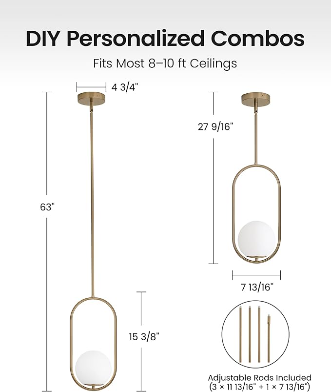 Yunnix Pendant Lights Kitchen Island, Pendant Light Fixtures, 2 Pack Modern Champagne Bronze Globe Glass Pendant Lighting, Mid Century Chandelier One Light for Bathroom Bedroom Dining Room