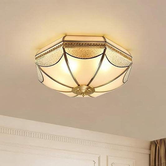 Brass Flush Mount Ceiling Light,3-Lights Dining Room Light Fixture,Frosted Glass Gold Lighting Fixture,Vintage Style Ceiling Lamp for Living Room Bedroom
