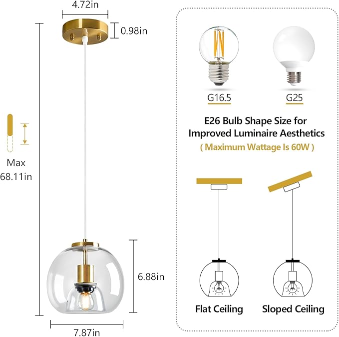 Modern Pendant Lighting Kitchen Island Gold Hanging Light Globe Clear Glass Pendant Light Fixture for Kitchen, Bedroom & Dining Room (7.87", 1 Pack)