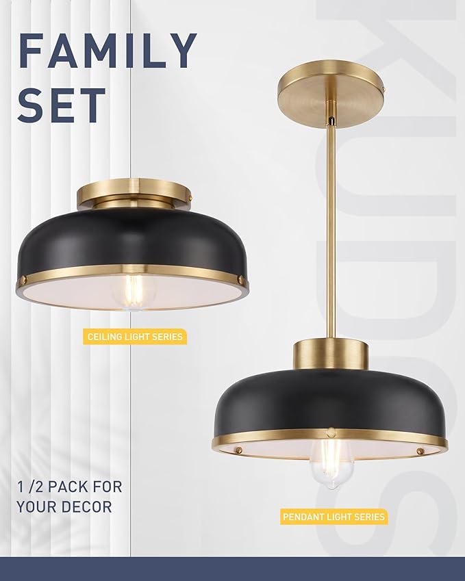 kudos 12 Inch Semi Flush Mount Ceiling Light, 1-Light Drum Ceiling Light, Black Ceiling Light Flush Mount, Bedroom Ceiling Light for E26 Base Hallway Kitchen, KDCL15-BKE