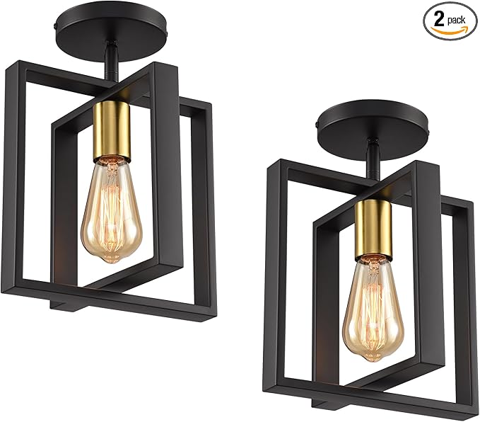 2 Pack Semi Flush Mount Ceiling Light,Black Metal Frame Ceiling Light Fixture with Golden Lamp Cup, Farmhouse Light Fixture for Kitchen Island Entryway Porch Foyer
