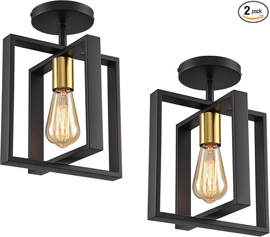2 Pack Semi Flush Mount Ceiling Light,Black Metal Frame Ceiling Light Fixture with Golden Lamp Cup, Farmhouse Light Fixture for Kitchen Island Entryway Porch Foyer