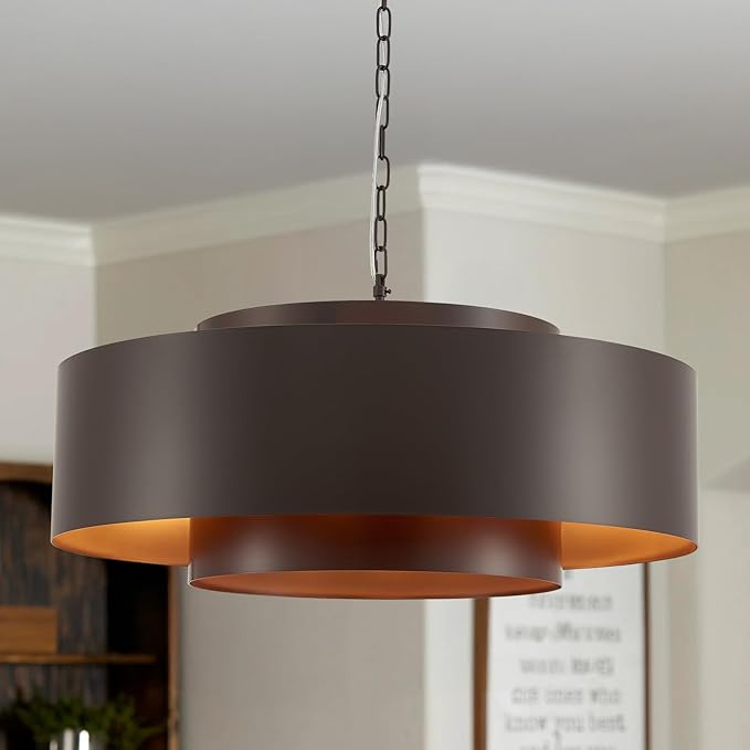 D30 Modern Geometric Metal Drum Pendant, Oil-Bronze Round Farmhouse Chandelier Industrial Pendant Light for Kitchen Island Dining Room Living Room