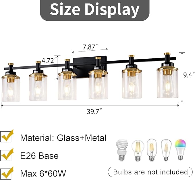 6 Bathroom Vanity Lights, Black and Gold Bathroom Light Fixtures, Sconces Wall Lighting with Clear Glass Shade, Modern Brushed Gold Vanity Lighting Fixtures for Bathroom, Bedroom, Hallway
