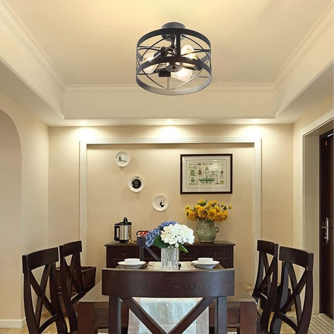 Rustic Industrial 3-Light Semi-Flush Mount Ceiling Light 13" Matte Black Round Lighting Fixtures for Kitchen Island Dining Room Bedroom Farmhouse Foyer Hallway Front Door