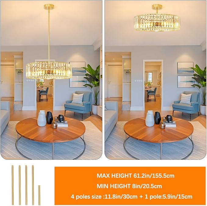 Gold Crystal Chandelier for Dining Room, 6-Light Modern Semi Flush Mount Ceiling Lighting Fixtures, Round Kitchen Fixtures Ceiling, Hanging Drum Pendant Lights for Living Room Bedroom Foyer, 19IN, E26