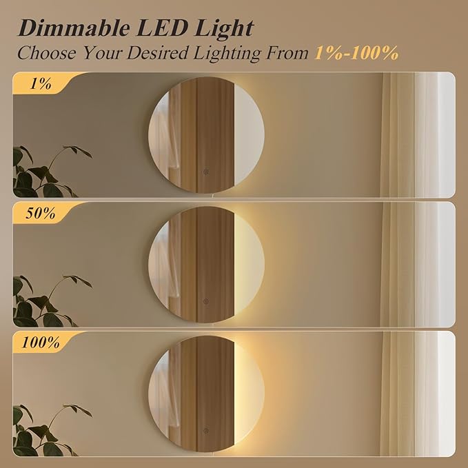 ONEWISH LED Wall Sconce, Dimmable Mirror Wall Lamp,16.93 inch Round Wall Lights for Bedroom with Memory Function, Wall Lamps for Living Room Entryway, Silver