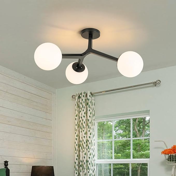 Lingkai Black Semi Flush Mount Ceiling Light Fixture, Mid Century Modern Light Fixtures Ceiling, 3-Light 23.6" Black Sputnik Ceiling Light Fixture for Living Room, Bedroom, Bathroom, Over The Sink
