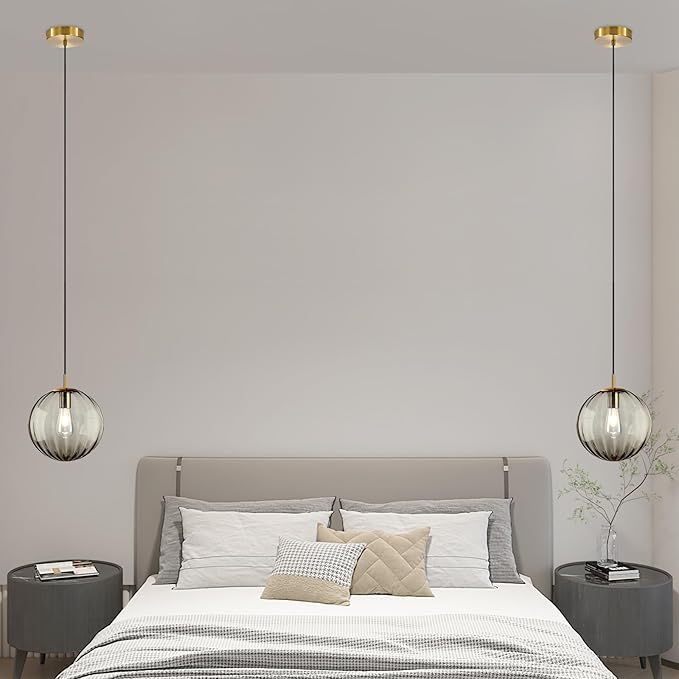 Modern Smoke Grey Glass Pendant Light, Kitchen Island Lighting 2-Pack Globe Pendant Light Fixtures Century Kitchen Island Pendant Lighting for Bedroom Living Dining Room Light Fixture (Without Bulb)