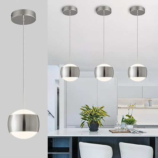 Modern Chrome LED Dimmable Pendant Light fixtures,6″ Island Pendant Lighting for Kitchen Island Dinning Room,Bedroom,Bar, Kitchen Island Ceiling Hanging Light Fixtures(Chrome-1-Pack)
