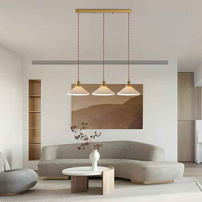 3 Light Linear Pendant Lighting Milk Glass Linear Chandelier Brushed Gold Kitchen Island Lighting Mid Century Brushed Gold Hanging Ceiling Light Fixtures for Dining Room Living Room MPL16D-3L