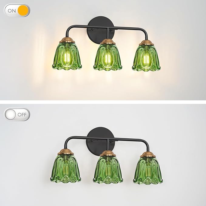 Vintage 3 Light Vanity Light, Black and Gold Bathroom Vanity Light, Bathroom Light Fixtures with Green Glass Shade, Antique Vanity Light Fixtures Over Mirror, Wall Sconce for Bedroom, Living Room