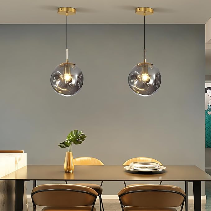 Modern Smoke Gray Concave Glass Pendant Light, 2-Pack Kitchen Island Lighting Single Globe Pendant Light Fixtures Century Kitchen Island Pendant Light for Bedroom Dining Room Light (Without Bulbs)