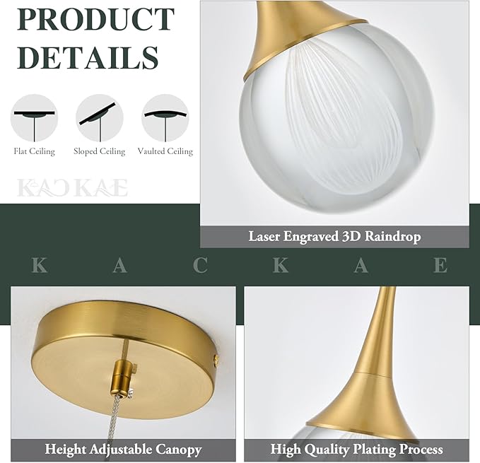LED Pendant Light Kitchen Island Raindrop Crystal Pendant Lights Dimmable Gold Modern Hanging Light for Bedroom Bathroom Living Room 3000K Warm White, 3 Pack