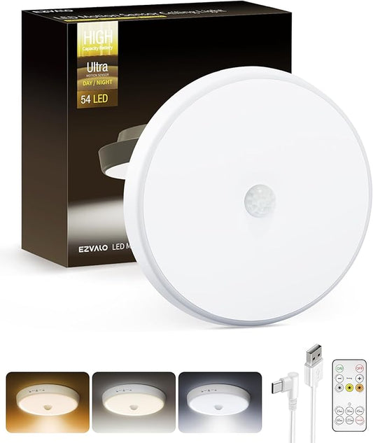 EZVALO Motion Sensor Light Indoor, 10000mAh, 7.1inch, 400LM, Remote Control, Dimmable, LED, Flush Mount, Wireless, Rechargeable, Battery Operated, Cordless, Ceiling Light, Closet Light, No Wiring