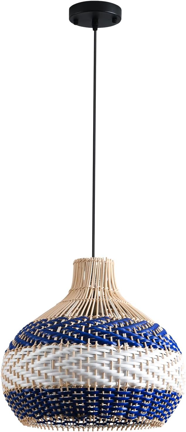 3-Light Rattan Pendant Light 15" Hand-Woven Blue White Wicker Basket Chandelier1-Pack Boho Faux Rattan Hanging Light,for Living Room Bedroom Kitchen Hallway Dining Farmhouse