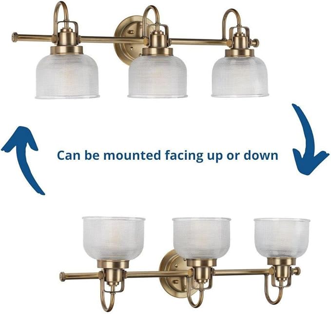 Progress Lighting P2992-163 Archie Collection Clear Double Prismatic Glass Coastal Bath Vanity, 3-Light, Vintage Brass