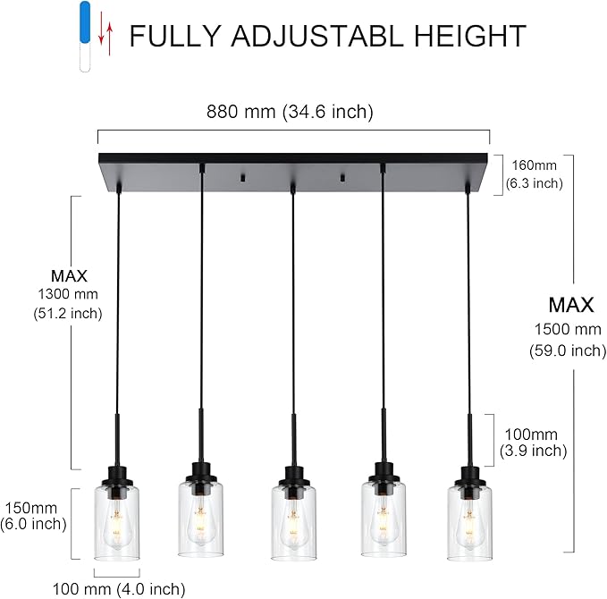 MELUCEE Black Pendant Lights for Kitchen Island, 5-Light Dining Room Light Fixtures Linear Chandeliers with Clear Glass Shade, DIY Hanging Lamp Ceiling for Dining Room Kitchen Bar