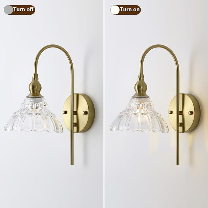 Vintage Wall Sconces with Clear Flower Glass Lampshade, Indoor Bath-Room Wall Sconce, Modern Gold Industrial Lighting Fixture for Mirror Living Room Hallway 2 Pack