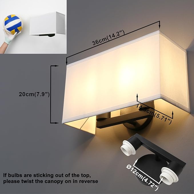 Yosoan White Boho Wall Sconce Stairwell Fixture Light, 2-Light Indoor Hardwired Vanity Dual Vintage Industrial Bedside Sconce Wall Mount Lighting Square Fabric Shade for Hallway Kitchen Living Room