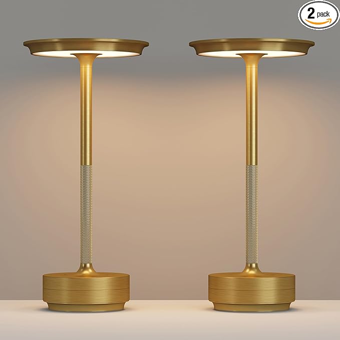 2 Pack Cordless Table Lamps Rechargeable, LED Portable 5000mAh Touch Table Light, 3 Color Stepless Dimming Battery Powered Table Lamp for Restaurant/Home/Outdoor/Camping.(Gold)