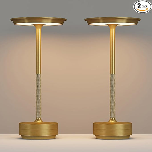 2 Pack Cordless Table Lamps Rechargeable, LED Portable 5000mAh Touch Table Light, 3 Color Stepless Dimming Battery Powered Table Lamp for Restaurant/Home/Outdoor/Camping.(Gold)