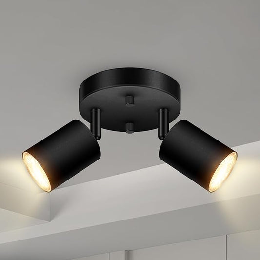2 Light Track Lighting Fixtures Ceiling, Matte Black Round Directional Ceiling Spotlight, GU10 Flush Mount Track Fixture, Adjustable Modern LED Track Lights for Kitchen/Living Room, Bulb Not Included