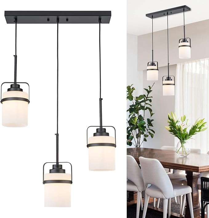 Black 3-Light Pendant Lighting, Adjustable Hanging Light Fixture with Milk Glass Shade, Modern Pendant Light for Kitchen Island Dining Room Bar Over Sink/Table/Counter
