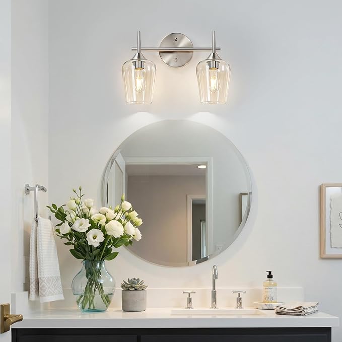 MOKATNG 2-Light Bathroom Light Fixtures, Brushed Nickel Vanity Lights for Bathroom with Clear Glass, Bathroom Lighting Fixtures Over Mirror, Modern Wall lamp for Cabinet Hallway