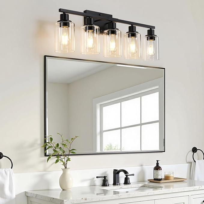 MOKATNG 5-Light Bathroom Light Fixtures, Vanity Light with Clear Glass Shades, Matte Black Bathroom Light Fixtures Over Mirror, Modern Bathroom Wall Lamp for Mirror Living Room Cabinet Bedroom