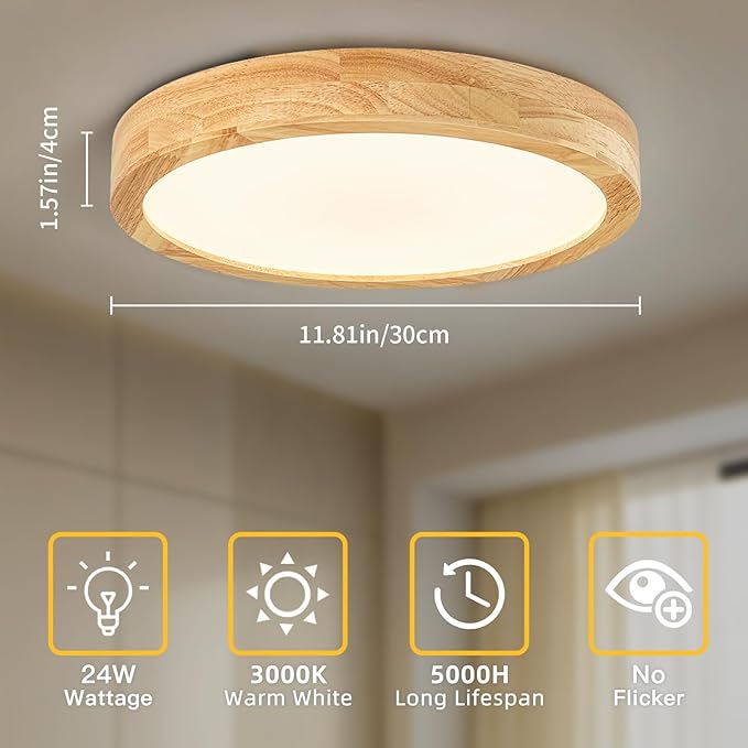 Modern Flush Mount Ceiling Light, LED Ceiling Light for Bedroom, Wood Light Fixture Warm White 3000K Not Dimmable, Round Flat Ceiling Lamp for Hallway, Kid's Room, Living Room, (Wood, 11.8")