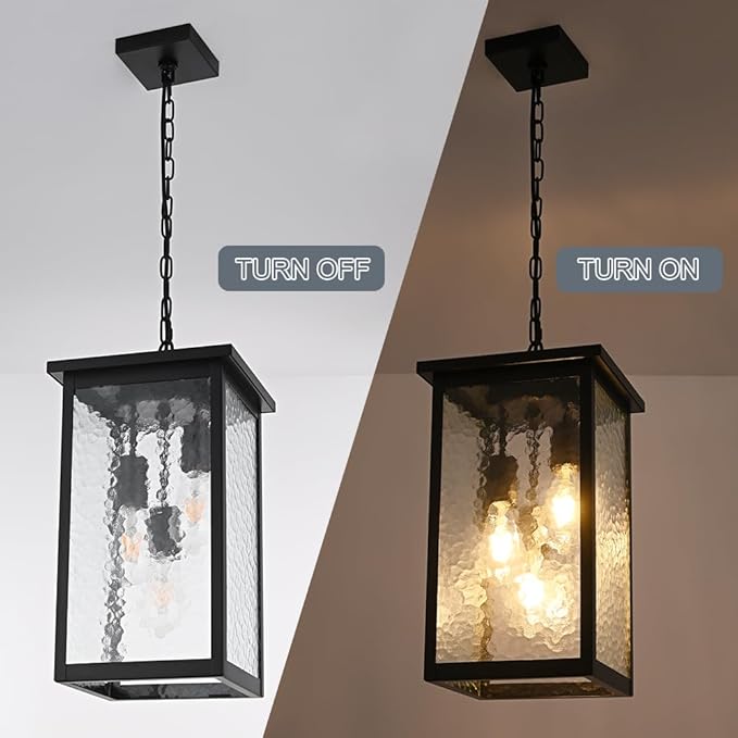 TODOLUZ Large 3-Light Outdoor Pendant Light Fixture, Exterior Hanging Porch Lighting with Hammered Glass, Adjustable Long Chain & E26 Bulb Base