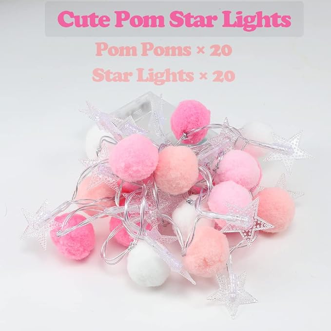 ChiRee Indoor String Lights 6.56 Feet Pom Poms Star Lights 20 LED Battery Operated String Fairy Lights Warm White Star Lights Colorful Decor Lights for Home Bedroom Kids Playhouse Holiday Christmas