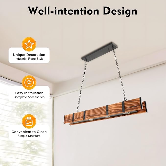 Farmhouse Chandeliers Pendant Lamp, Retro Hanging Lamp 4-Light Wood Beam Linear Hanging Light Vintage Ceiling Light Fixture for Kitchen Island, Restaurants, Cafes, Bars