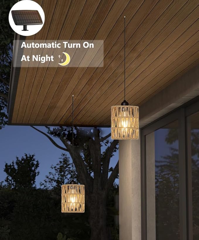 Outdoor Solar Chandelier Indoor Gazebo Lights Waterproof Pendant Hanging Light for Pergola Porch Patio Decor Boho Rattan Lampshade Farmhouse Shed USB Powered Accessories Dimmable Remote