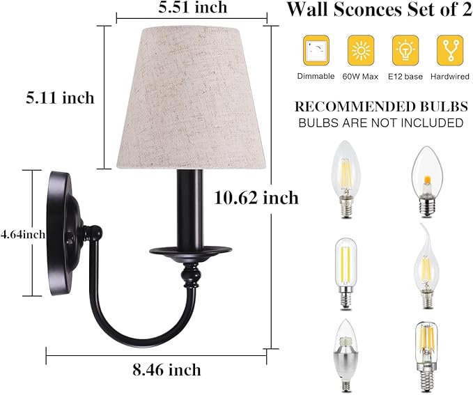 LASENCHOO Black Wall Sconces Set of Two, Modern Candle Sconces Wall Lighting Industrial Wall Light Fixtures with Fabric Lampshade, Bedside Wall Lamps for Bedroom Living Room Hallway Entryway Porch