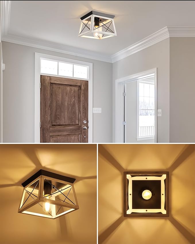 Farmhouse Ceiling Light Fixtures Oak White Flush Mount Ceiling Light 1-Light Industrial Kitchen Ceiling Lights, Rustic Flush Mount Ceiling Light for Hallway Entryway Foyer Dining Room Bedroom