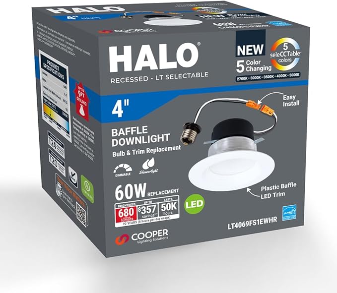 HALO 4 inch LED Recessed Light Trim with 5 Selectable Color Temperatures, Dimmable Can Light for Ceiling Retrofit LT4069FS1EWHR