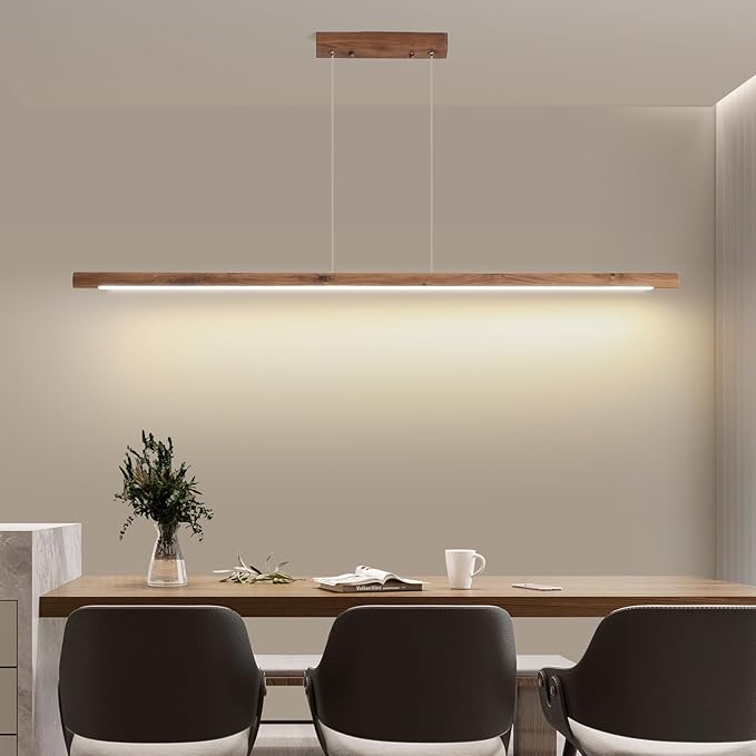 Modern Wooden Pendant Light, 47IN Walnut Wooden Chandelier with Remote Control 3000k-6500K Adjustable Color Temperature，Aluminum Island Lighting Lamp for Dining Room, Living Room, Kitchen