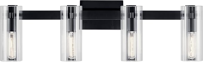 Kichler Jemsa 4-Light Bathroom Vanity Light Fixture with Clear Fluted Glass in Black, Modern Wall Mount Vanity Lighting for Bathroom Over Mirror (9.75 in x 32 in), 55169BK
