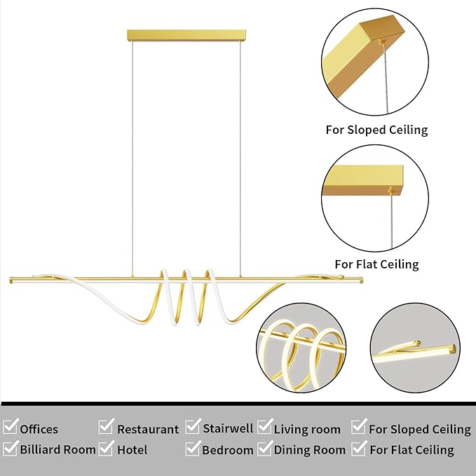 Modern LED Pendant Lights, Ceiling Chandelier Dimmable with Remote Control 3000k-6000K Adjustable Color Temperature, Aluminum Island Lighting Lamp Fixture for Kitchen, Dining Room(57in Gold)