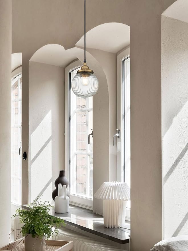 Yosoan 1-Light Vintage Kitchen Hanging Pendant Light Fixture, Single Hardwired Indoor Vanity Luxury Retro Textured Striped Round Glass Shade Samll Lamp for Dinning Room Living Room Island(Antique)