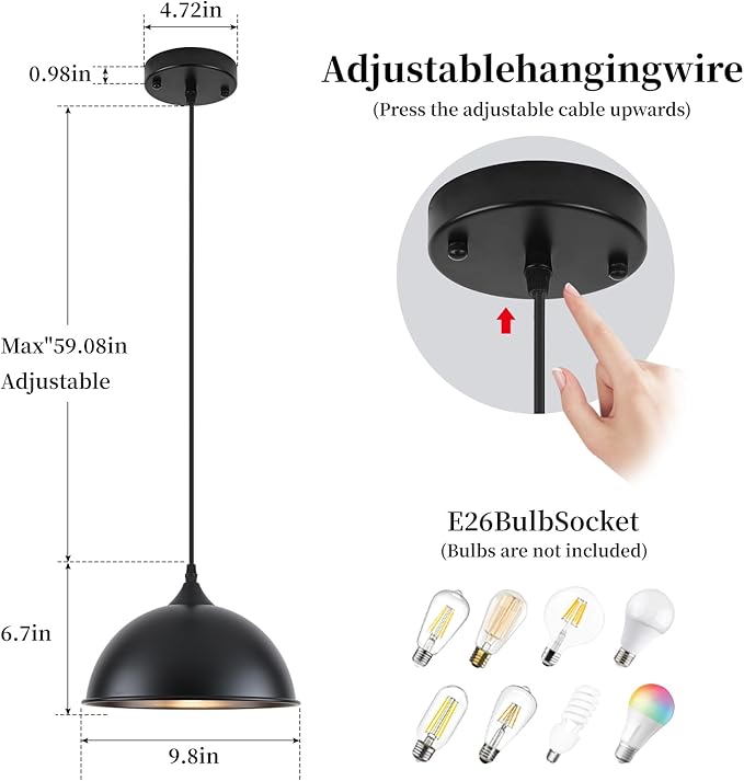 9.8 inch Farmhouse Pendant Lights Kitchen Island 3 Pack, Matte Black Dome Pendant Lights, Industrial Kitchen Pendant Lighting, Island Lights for Kitchen, Dining Room
