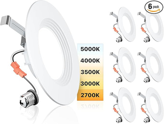 Ensenior 5/6 Inch 5CCT LED Can Lights 6 Pack, Retrofit Led Recessed Lighting, Baffle Trim, Dimmable, 9W=110W, 1000LM, 2700K/3000K/3500K/4000K/5000K Selectable, IC Rated - ETL & FCC