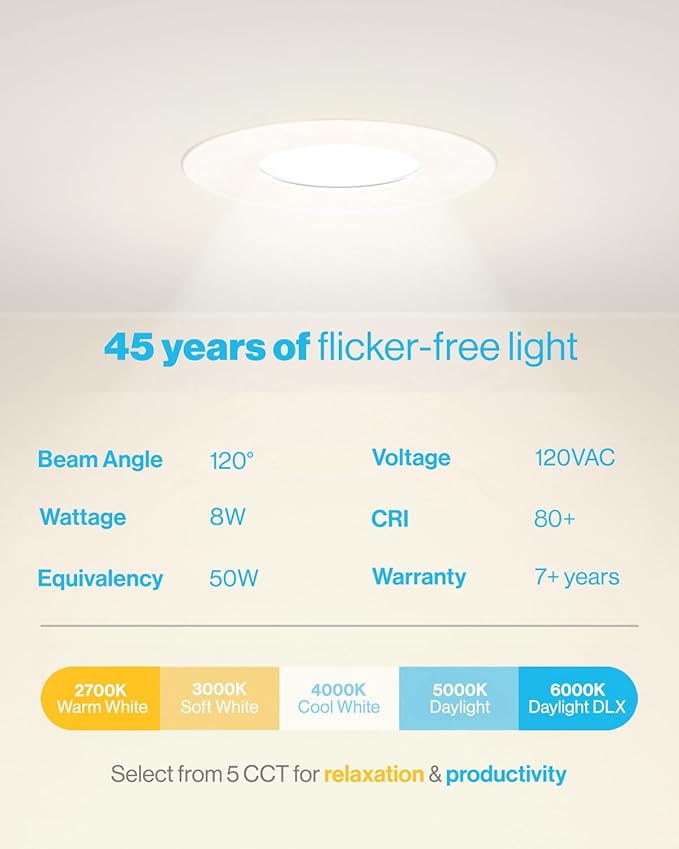 Sunco 6 Pack 3 Inch Recessed LED Lights, Ultra Thin Ceiling Lighting, 500 LM, 8W (50W Equivalent), Selectable 2700K/3000K/4000K/5000K/6000K, Dimmable, Wafer Thin, Canless with Junction Box