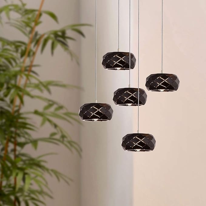 Crust 5 Mini Pendant Lighting Black - LED Hanging Light Fixture for Kitchen Island, Bar, Foyer - Cluster Pendants - Dimmable, Adjustable Wire, Lamp Bulb Included