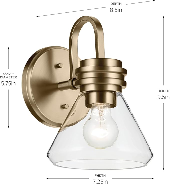 Kichler Farum 7.25" 1-Light Wall Sconce Bathroom Vanity Light Fixture with Clear Glass in Champagne Bronze for Modern Lighting Over Mirror (7.25" W x 9.5" H) 55153CPZCLR